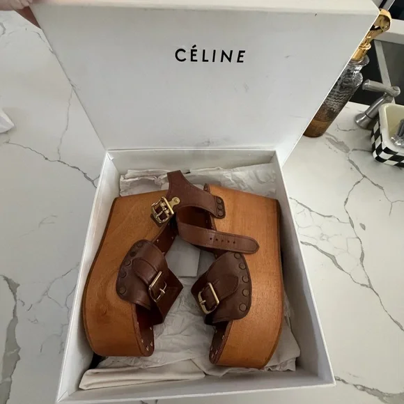 Celine Brown Leather Studded Platform Wedge Sandals - Picture 4 of 5